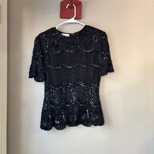 Vintage Stenay Black 100% Silk Beaded Top M